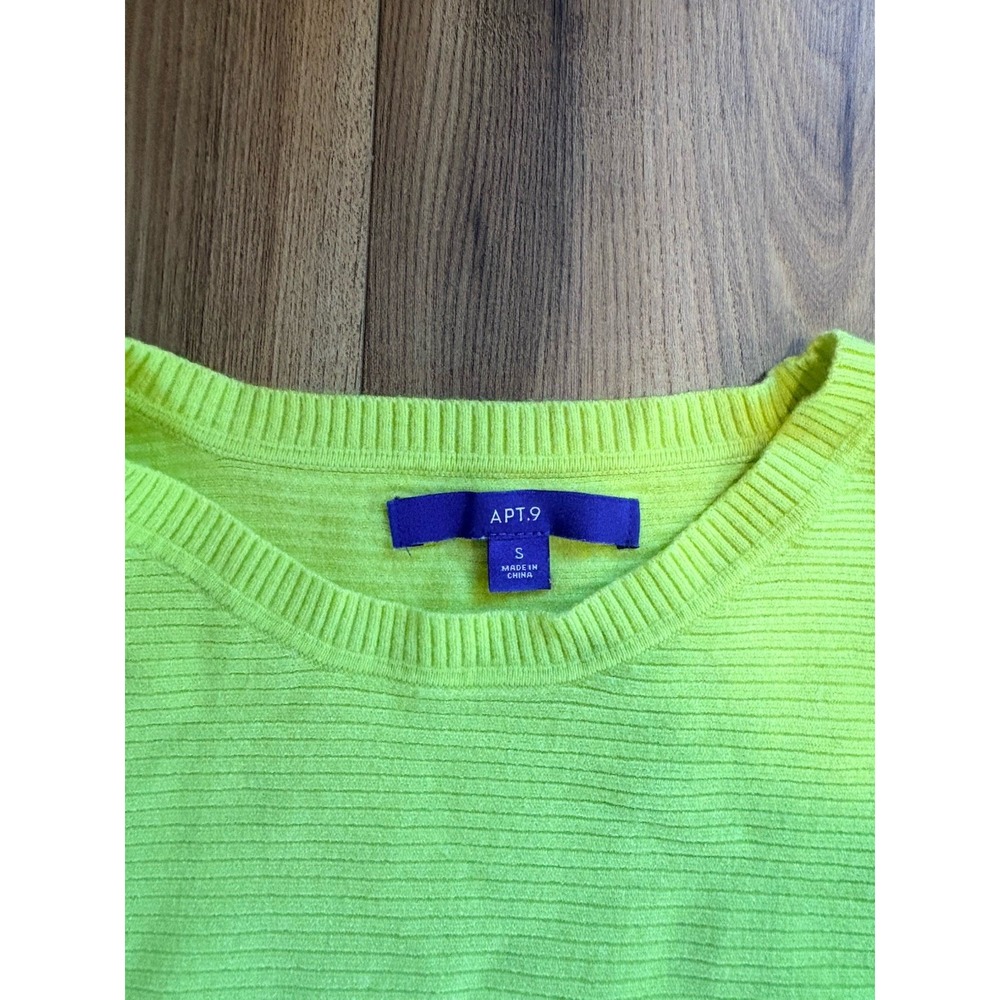 Apt. 9 Neon Yellow Lightweight Sweater Women's Small Ribbed Long Sleeve Crewneck - Picture 2 of 5
